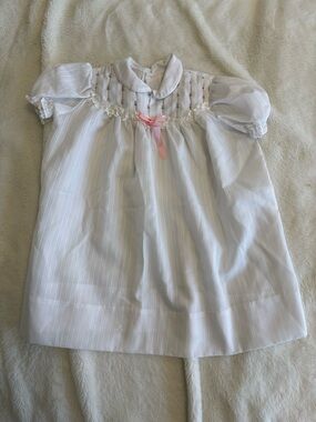 Vintage Polly Finders hand smocked white dress 3T pink flowers lace